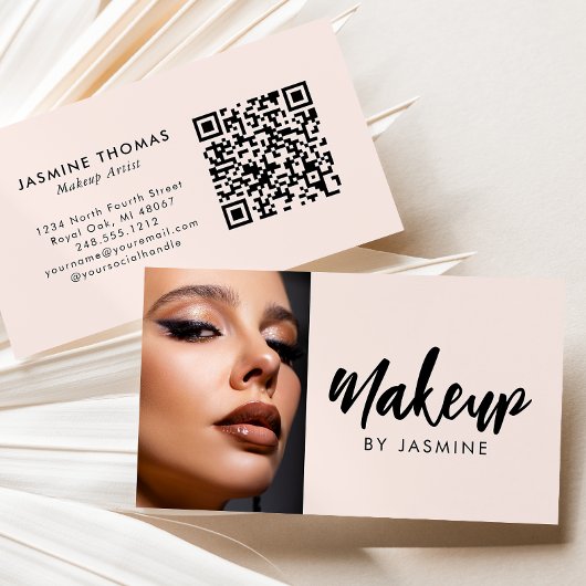 Blush Pink Script QR Code Photo Makeup Visitekaartje