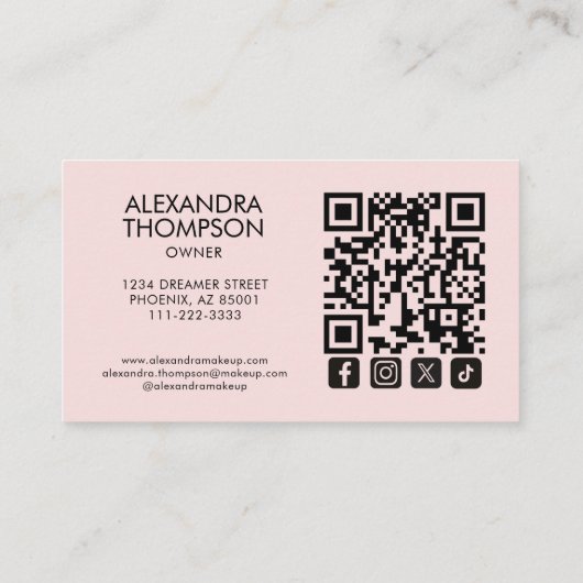 Blush Pink Script Qr Code Social Icon Makeup Visitekaartje (Achterkant)