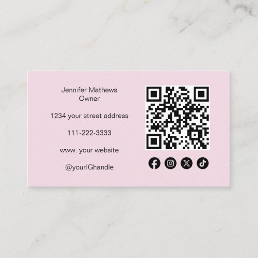 Blush Pink Script Social Icon QR Code Foto Make-up Visitekaartje (Achterkant)