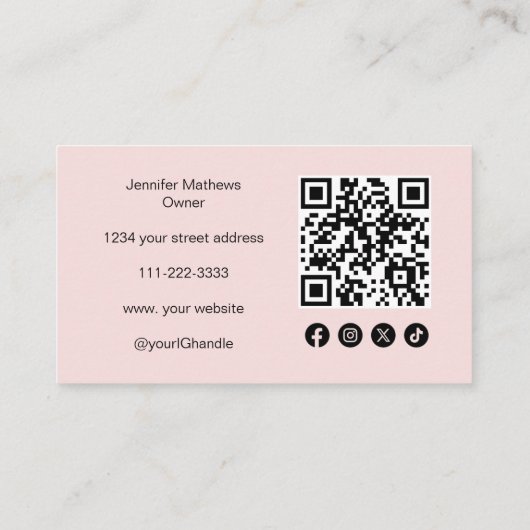 Blush Pink Script Social Icon QR Code Foto Make-up Visitekaartje (Achterkant)