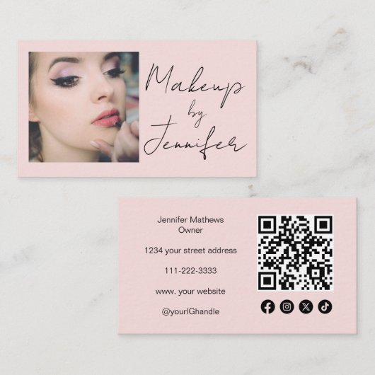 Blush Pink Script Social Icon QR Code Foto Make-up Visitekaartje (Voorkant / Achterkant)