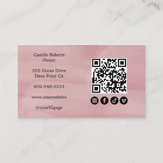 Blush Pink Script Social Icon QR Code Photo Lash Visitekaartje (Achterkant)