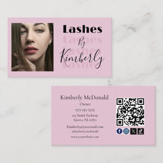 Blush Pink Script Social Icon QR Code Photo Lashes Visitekaartje (Voorkant / Achterkant)