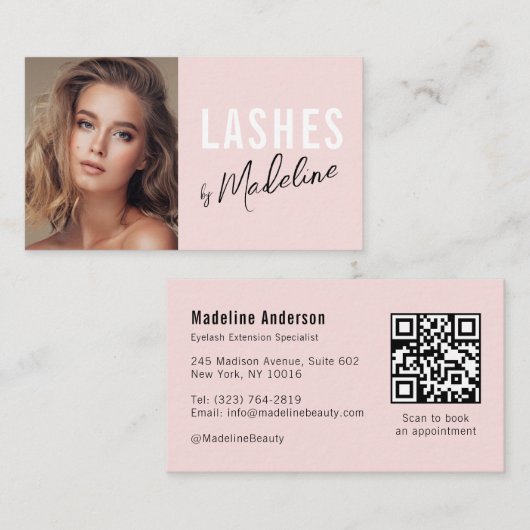 Blush Pink Script Social Icon QR Code Photo Lashes Visitekaartje (Voorkant / Achterkant)