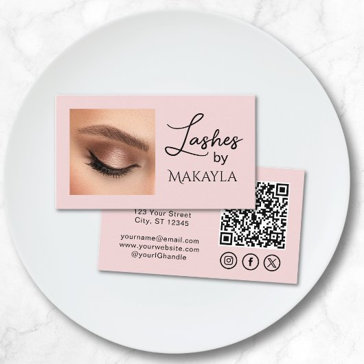 Blush Pink Script Social Icon QR Code Photo Lashes Visitekaartje