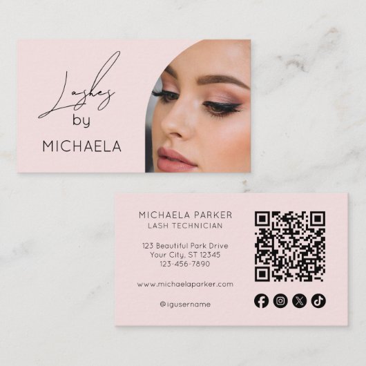 Blush Pink Script Social Icon QR Code Photo Lashes Visitekaartje (Voorkant / Achterkant)