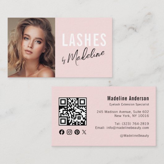 Blush Pink Script Social Icon QR Code Photo Lashes Visitekaartje (Voorkant / Achterkant)