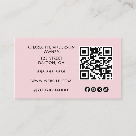 Blush Pink Script Social Icon QR Code Photo Makeup Visitekaartje (Achterkant)