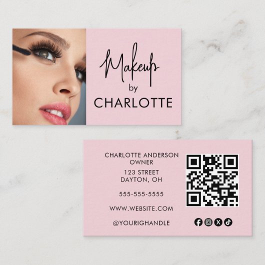 Blush Pink Script Social Icon QR Code Photo Makeup Visitekaartje (Voorkant / Achterkant)