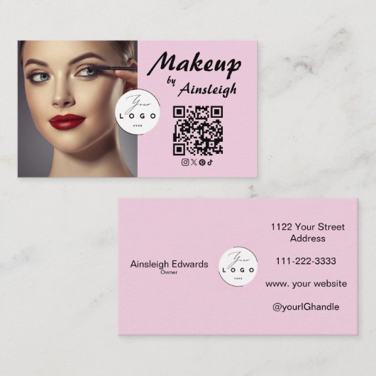 Blush Pink Script Social Icon QR Code Photo Makeup Visitekaartje (Voorkant / Achterkant)