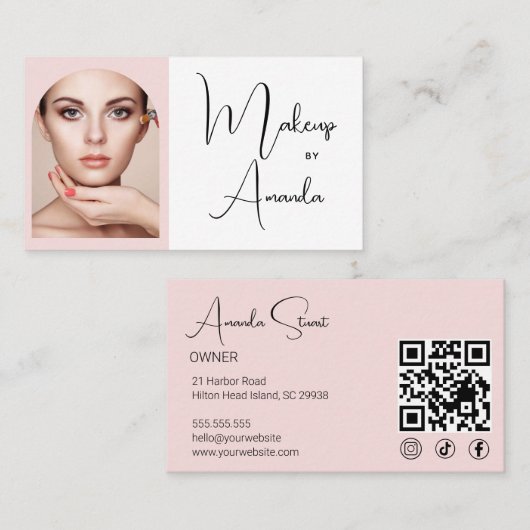 Blush Pink Script Social Icon QR Code Photo Makeup Visitekaartje (Voorkant / Achterkant)