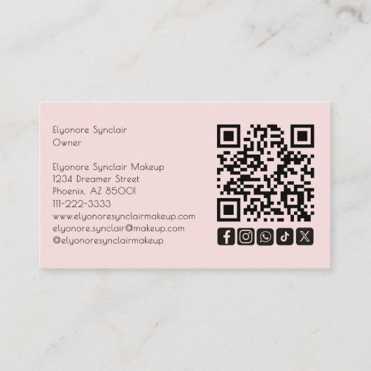 Blush Pink Script Social Icon QR Code Photo Makeup Visitekaartje (Achterkant)