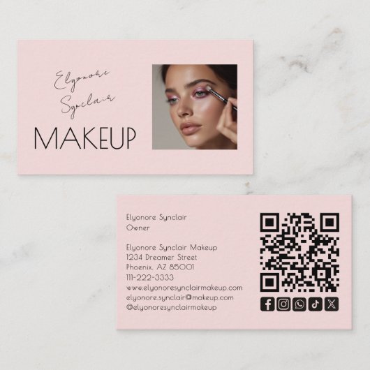 Blush Pink Script Social Icon QR Code Photo Makeup Visitekaartje (Voorkant / Achterkant)
