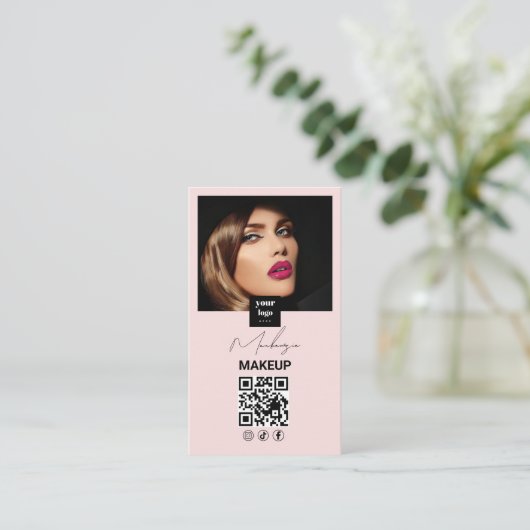 Blush Pink Script Social Icon QR Code Photo Makeup Visitekaartje (Staand voorkant)