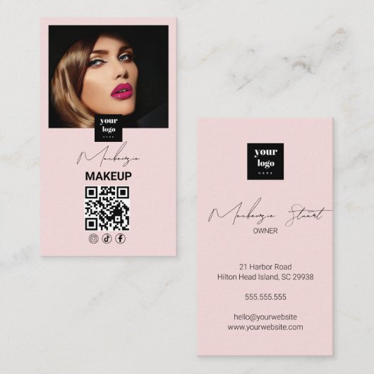 Blush Pink Script Social Icon QR Code Photo Makeup Visitekaartje (Voorkant / Achterkant)