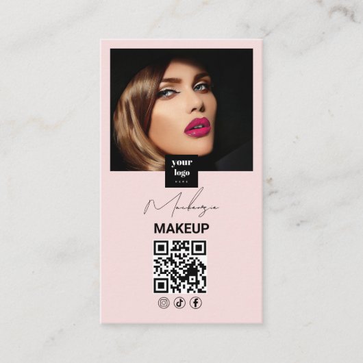 Blush Pink Script Social Icon QR Code Photo Makeup Visitekaartje (Voorkant)