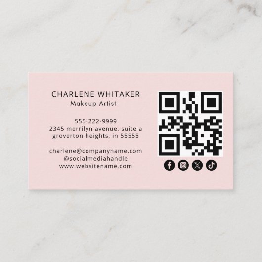 Blush Pink Script Social Icon QR Code Photo Makeup Visitekaartje (Achterkant)