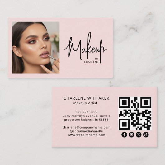 Blush Pink Script Social Icon QR Code Photo Makeup Visitekaartje (Voorkant / Achterkant)