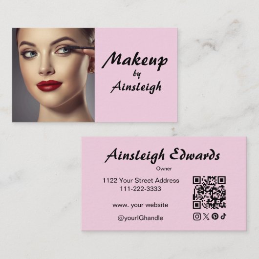 Blush Pink Script Social Icon QR Code Photo Makeup Visitekaartje (Voorkant / Achterkant)
