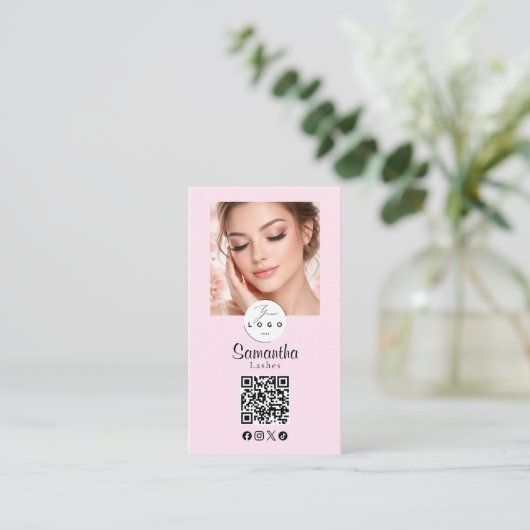Blush Pink Script Social Icon QR Code Photo Makeup Visitekaartje (Staand voorkant)