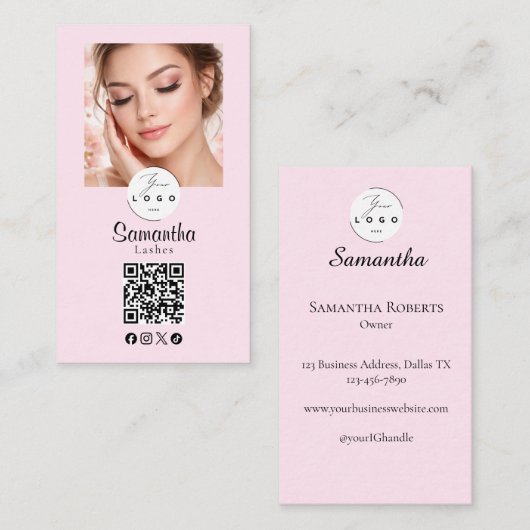 Blush Pink Script Social Icon QR Code Photo Makeup Visitekaartje (Voorkant / Achterkant)