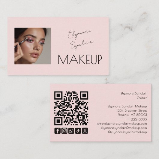 Blush Pink Script Social Icon QR Code Photo Makeup Visitekaartje (Voorkant / Achterkant)