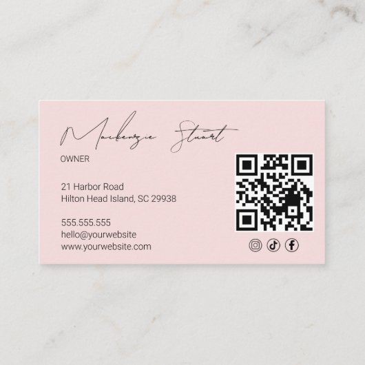 Blush Pink Script Social Icon QR Code Photo Makeup Visitekaartje (Achterkant)
