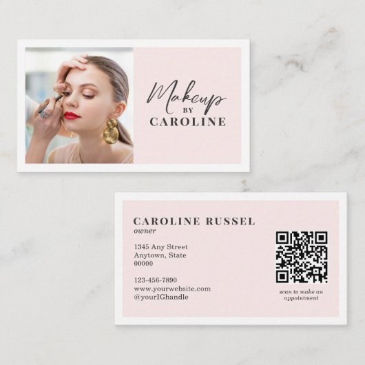 Blush Pink Script Social Icon QR Code Photo Makeup Visitekaartje (Voorkant / Achterkant)