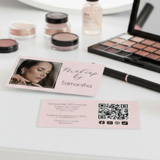 Blush Pink Script Social Icon QR Code Photo Makeup Visitekaartje