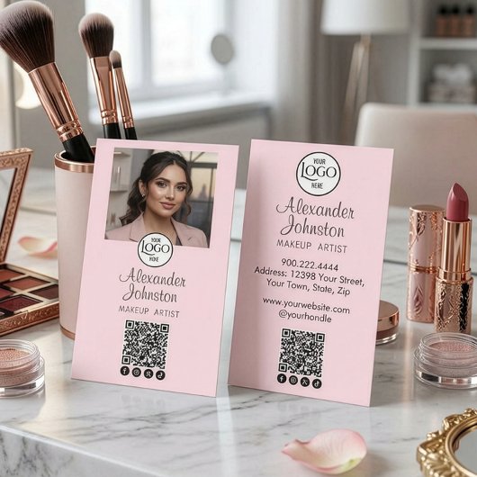 Blush Pink Script Social Icon QR Code Photo Makeup Visitekaartje
