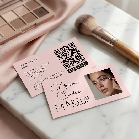 Blush Pink Script Social Icon QR Code Photo Makeup Visitekaartje