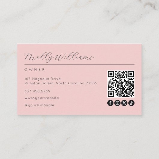 Blush Pink Script Social Icon QR Code Photo Makeup Visitekaartje (Achterkant)
