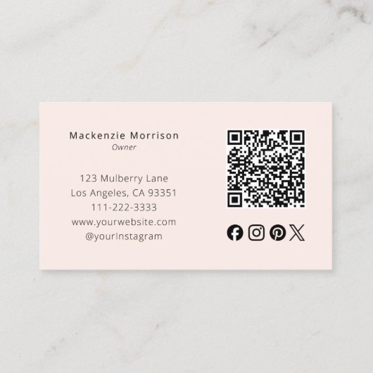 Blush Pink Script Social Icon QR Code Photo Makeup Visitekaartje (Achterkant)