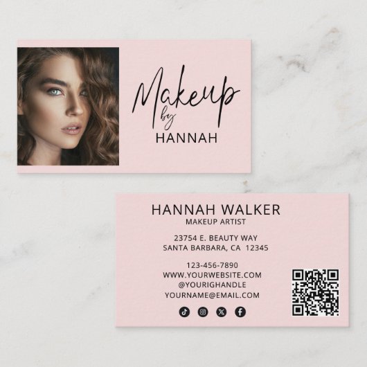 Blush Pink Script Social Icon QR Code Photo Makeup Visitekaartje (Voorkant / Achterkant)