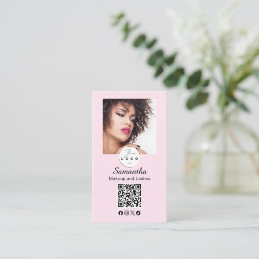 Blush Pink Script Social Icon QR Code Photo Makeup Visitekaartje (Staand voorkant)