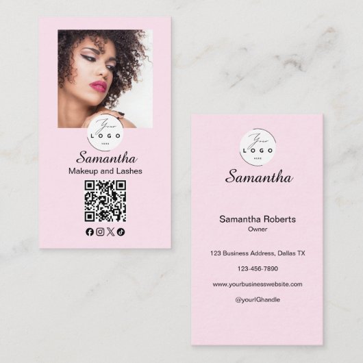 Blush Pink Script Social Icon QR Code Photo Makeup Visitekaartje (Voorkant / Achterkant)