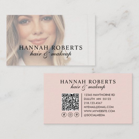 Blush Pink Script Social QR Code Photo Hair Makeup Visitekaartje (Voorkant / Achterkant)