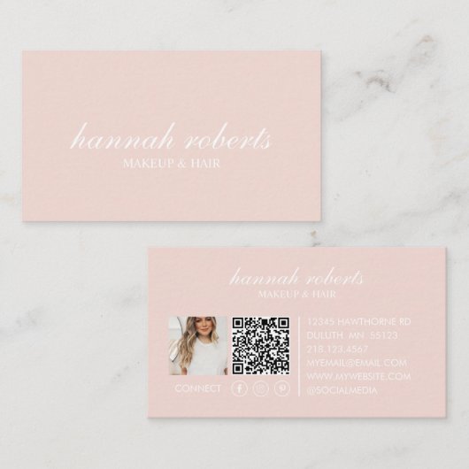 Blush Pink Script Social QR Code Photo Hair Makeup Visitekaartje (Voorkant / Achterkant)