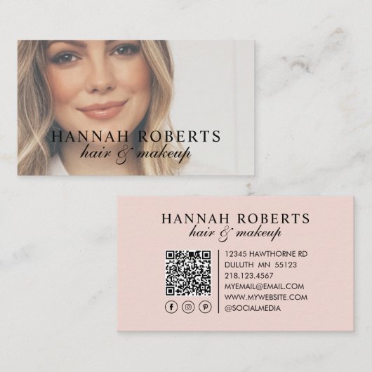 Blush Pink Script Social QR Code Photo Hair Makeup Visitekaartje (Voorkant / Achterkant)