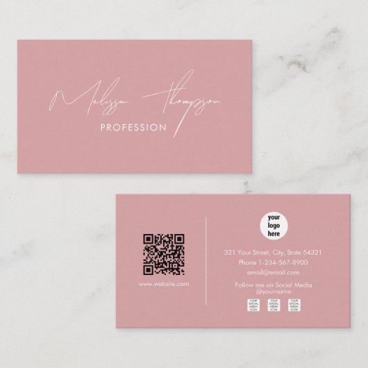 Blush Pink Signature Script Professionele QR-code Visitekaartje (Voorkant / Achterkant)