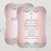 Blush Pink Silver Damask Cross Baptisme Christenin Kaart (Voorkant / Achterkant)