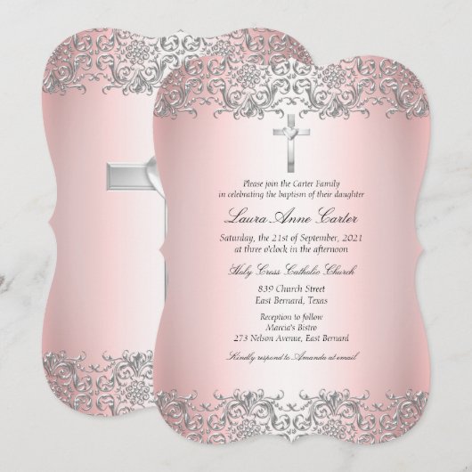 Blush Pink Silver Damask Cross Baptisme Christenin Kaart (Voorkant / Achterkant)