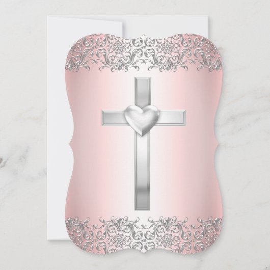 Blush Pink Silver Damask Cross Baptisme Christenin Kaart (Achterkant)