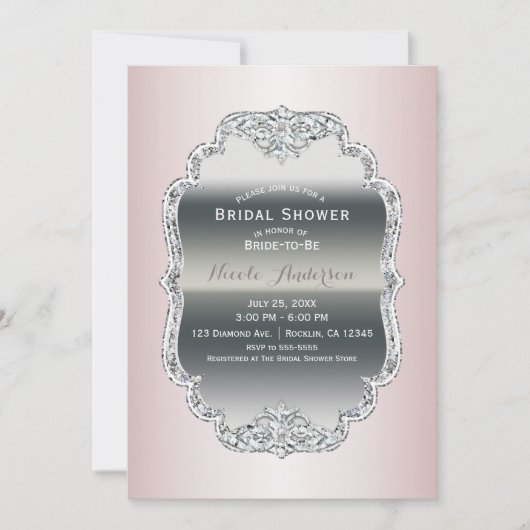 Blush Pink & Silver Diamond Bling  Glamour Kaart (Voorkant)