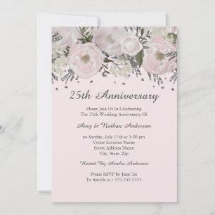 Blush Pink Silver Floral 25th Jubileum Kaart