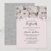  Blush Pink Silver Floral 40th Birthday Kaart (Voorkant / Achterkant)
