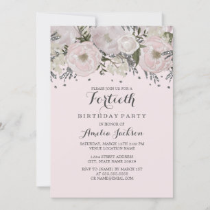 Blush Pink Silver Floral 40th Birthday Kaart