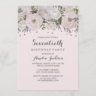  Blush Pink Silver Floral 70th Birthday Kaart