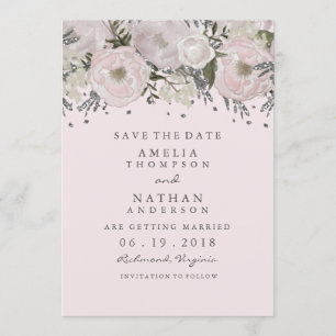  Blush Pink Silver Floral Bewaar de datum Save The Date