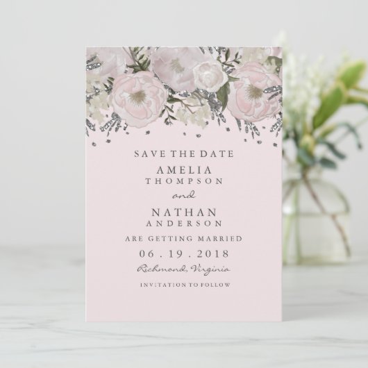 Blush Pink Silver Floral Bewaar de datum Save The Date (Staand voorkant)